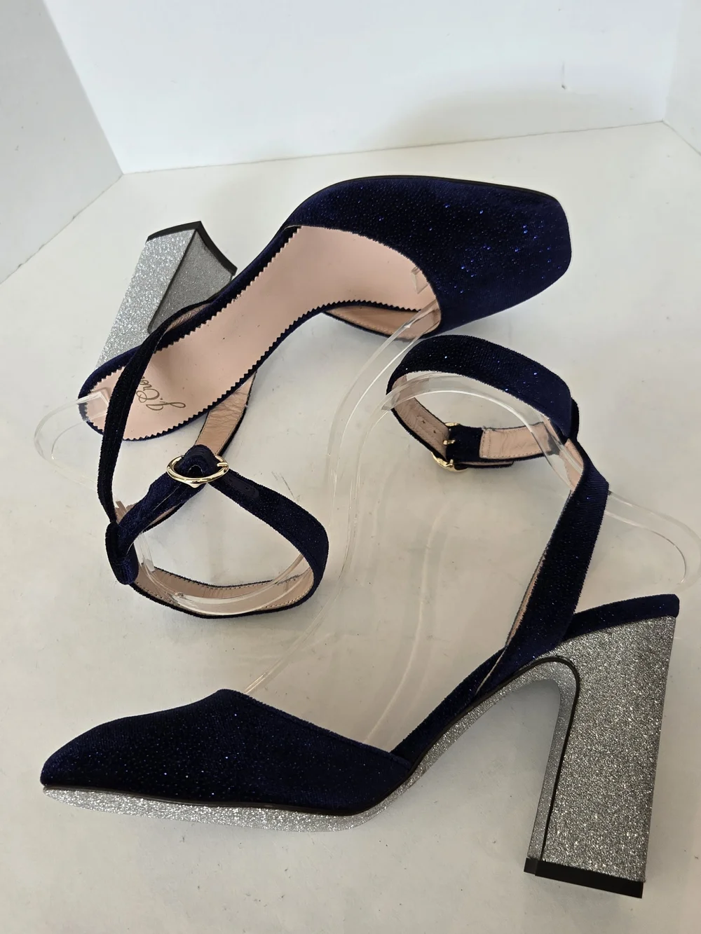 J. Crew Harlow Navy Velvet Ankle-Strap Block Heels Silver Glitter Heel